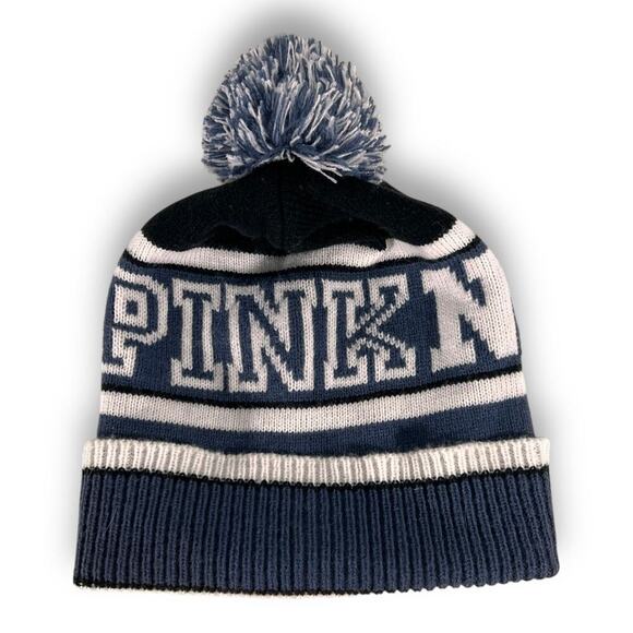 Victorias Secret PINK Knit Hat Sporty Streetwear Blue White Winter Pom Pom - Picture 5 of 7